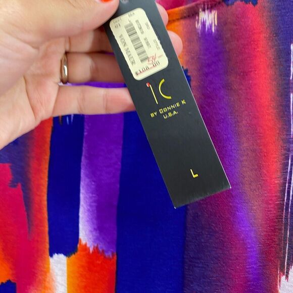 New IC Blouse Women L Large Blue Geometric Cold Shoulder 3/4 Sleeve Round Neck - Picture 6 of 10